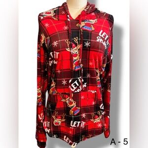 NOBO Red Hoodie with Pocket Red Black Plaid Reindeer Let It Snow Jr XL 15-17